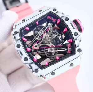 Montre sport et décontractée de luxe légère et entièrement squelettée de forme tonneau RM AMG Factory en rose et blanc, montre mécanique - Product Image 1