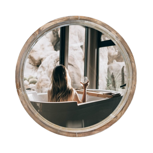 Miroir mural rond en bois rustique, style ferme, décoratif, à suspendre, pour salle de bain, entrée, salon, chambre à coucher - Product Image 1