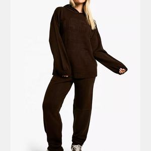 Conjunto de chándal de lana de algodón de 2 piezas informal para mujer 2025/2026 Crop Top Sudadera con capucha de gran tamaño de longitud completa Anti-Pilling al por mayor personalizado - Product Image 1