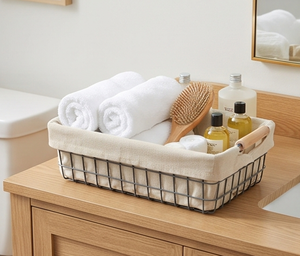Premium <b>Rectangular</b> Metal Wire <b>Storage</b> <b>Basket</b> With Wooden Handles Minimalist Style Multi Purpose Organizing <b>Basket</b> - Product Image 4