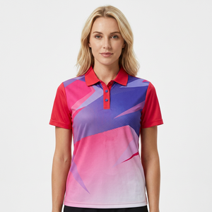 Polo de Manga Corta para Hombre, Estampado Geométrico, Secado Rápido, Estilo Deportivo, Tejido de Poliéster, Diseño Degradado Rojo, Azul y Rosa - Product Image 5