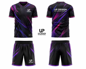 ชุดเสื้อฟุตบอลและกางเกงขาสั้นสีม่วงดำแบบซับลิเมชั่น ระบายอากาศได้ดี ผลิตจากโพลีเอสเตอร์ ชุดยูนิฟอร์มทีมฟุตบอล ชุดกีฬา - Product Image 1