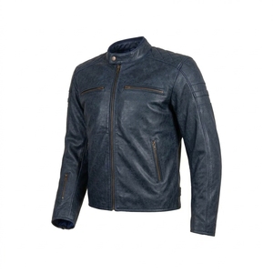 Blouson de moto en cuir véritable pour homme, col montant, fermeture éclair, coupe classique, couleur unie, style motard automne - Product Image 4