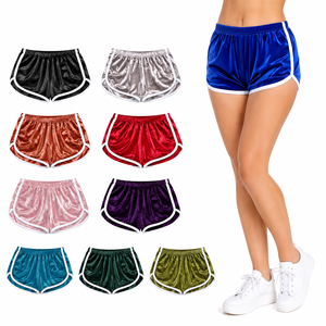 Shorts en velours bleu taille haute pour femme avec bordure blanche, coupe sportive, taille élastique classique, style Y2K, streetwear - Product Image 1