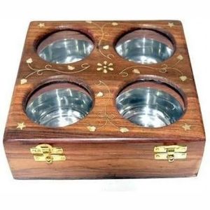 Caja de especias hexagonal de madera hecha a mano con cuencos de latón - Contenedor de especias indio de 7 compartimentos, bandeja para especias para decoración de cocina - Product Image 2