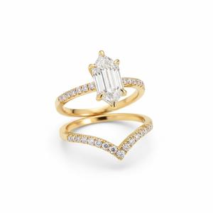 Luxury 14K Solid Gold Hexagon Step Cut Engagement <b>Ring</b> Paired with Chevron Curve Matching Eternity Wedding <b>Band</b> Bridal <b>Ring</b> Set - Product Image 5