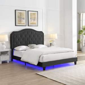 Letto con plateau leggero a LED imbottito da regina facile da montare con un forte supporto a doghe in legno con motivo a Tufted in velluto - Product Image 2