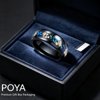 Cincin Tungsten Karbida Hitam dengan Opal Biru Hancur dan Inlay Daun Emas, Cincin Kawin Kubah 8mm, Perhiasan Mewah Galaxy Grosir