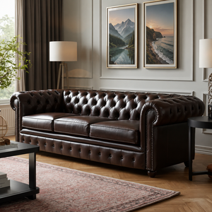 Sofá de Cuero Marrón Vintage Estilo Chesterfield de 3 Plazas con Estructura de Madera Maciza, Muebles de Primera Calidad para Sala de Estar - Product Image 1