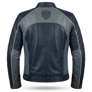 Blouson de motard en cuir bicolore gris marine personnalisé pour homme, avec col à boutons-pression, empiècement contrastant, patch bouclier, ceinture à boucle latérale - Product Image 2
