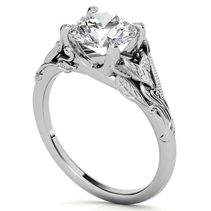 Anillo de compromiso vintage de moissanita con corte redondo, diseño floral grabado en forma de hoja, anillo de boda nupcial en oro blanco de 10K. - Product Image 5