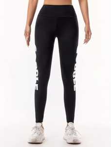 Leggings noirs taille haute pleine longueur avec imprimé lettres blanches, style sportif, en tissu tricoté extensible, toutes saisons, pour femme, pour l'entraînement - Product Image 1