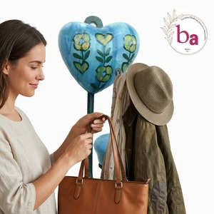 Ba Ceramic Heart Wall <b>Hook</b> Handmade Rustic Blue Floral Design Single <b>Hook</b> Coat Hanger Multifunction Self-adhesive - Product Image 2