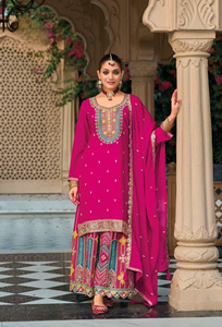 ชุดสูทพลัซโซสำเร็จรูปสำหรับผู้หญิง ผ้าชีฟองปักลายพรีเมียม ดีไซน์ทันสมัย (ฟรีไซส์) สำหรับงานแต่งงาน งานปาร์ตี้ และงานดิวาลี - Product Image 5