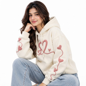 <b>Women's</b> <b>Cream</b> Puff Print Hoodie Drop Shoulder <b>Fleece</b> Sweatshirt with Heart Appliques Trendy Street Fashion - Product Image 5