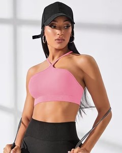 Seamless High Support Halter Neck Sports Bra Crisscross Cami Strap Workout <b>Crop</b> <b>Top</b> Ribbed Underband Yoga Gym Vest Spandex/Nylon - Product Image 6