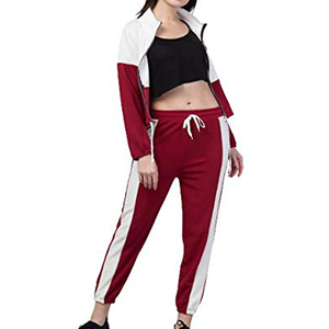 Ensemble de survêtement pour femmes, rouge et blanc, blocs de couleur, manches longues, pantalon de jogging sportif avec cordon de serrage, polyester respirant - Product Image 1