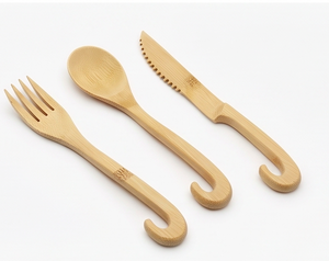 Ensemble cuillère, fourchette et couteau en bois, design minimaliste à manche courbé, couverts réutilisables pour le camping, l'extérieur et les événements - Product Image 1