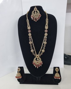 Delicate Floral Antique Gold Plated Kundan Rani Haar <b>Set</b> Long Necklace <b>Beads</b> Traditional Jhumkas 3 Wedding Engagement Party - Product Image 3