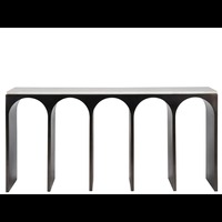 Table de canapé sculpturale moderne convertible avec miroir, structure en fer, plateau noir, pièce maîtresse pour entrée, salon, appartement, hôtel