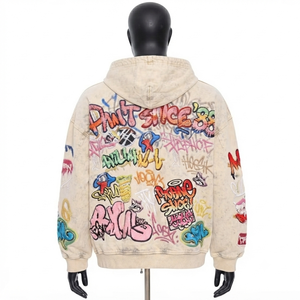 Mens Oversized Vintage Wash <b>Full</b> <b>Zip</b> <b>Hoodie</b> Heavyweight 100% Cotton Fleece Embroidered Cartoon Print Graffiti Typography - Product Image 4