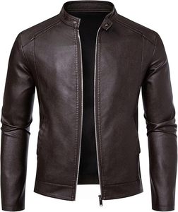 Blouson moto homme en cuir véritable noir, coupe ajustée, col montant, fermeture éclair, manches classiques, style automne - Product Image 1