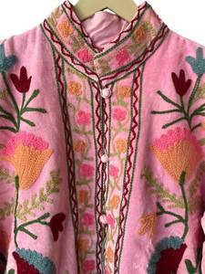 Pink Velvet Embroidered Floral Jacket Mandarin Collar Full Sleeve Breathable Winter <b>Coat</b> Cotton Lining Hand Embroidery Design - Product Image 4