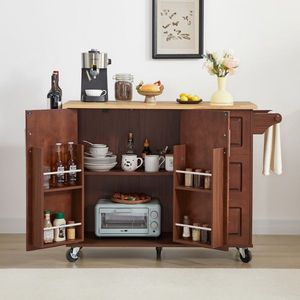 Îlot de cuisine roulant avec armoire de rangement à portes battantes et plan de travail rabattable, table d'îlot de cuisine moderne roulante - Product Image 1