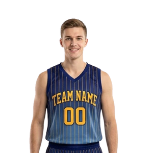Conjunto de pantalones cortos de baloncesto para hombre, diseño degradado con rayas verticales, cuello en V, sin mangas, nombre del equipo personalizado, número, uniforme para adultos - Product Image 3