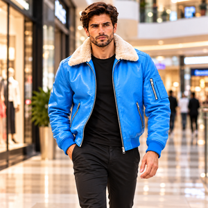 Blouson aviateur en cuir premium pour homme, col doublé en fourrure de mouton véritable, fermeture éclair, manteau d'hiver tendance/vêtement d'extérieur de luxe - Product Image 2