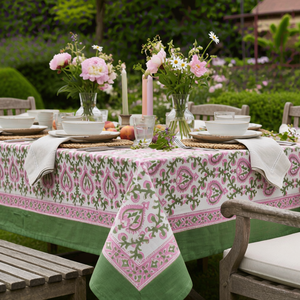 Mughal Pink Green 10 Seater <b>Tablecloth</b> 180x270cm Handcrafted Block Printed 100% Cotton Wedding Dining Home Decor Style - Product Image 4