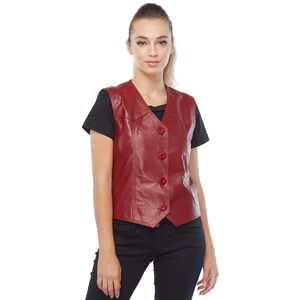 Factory OEM Women Maroon <b>Leather</b> <b>Biker</b> <b>Vest</b> Color Match Button Up Real Cowhide <b>Leather</b> <b>Vest</b> For Women's Outerwear <b>Vest</b> - Product Image 6