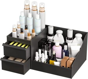 Organizador de maquillaje negro de 3 niveles con cajones, caja de almacenamiento de cosméticos desmontable, organizador de almacenamiento para el hogar. - Product Image 2