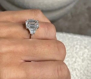 Modern emerald cut halo <b>diamond</b> <b>ring</b> with brilliant <b>diamond</b> surround luxury bridal engagement anniversary fine jewelry design - Product Image 2