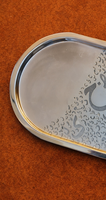 Plateau de service ovale de luxe en acier inoxydable avec gravure de calligraphie arabe, plateau décoratif argenté pour cadeau de l'Aïd, du Ramadan ou du buffet