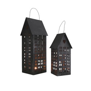 Faroles de metal negro con forma de casa, decorativos para interiores y exteriores, portavelas de hierro para velas de té, para decoración de mesas de boda y el hogar. - Product Image 1