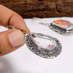 Mystic Fire <b>Quartz</b> Silver Dangle Earrings Vintage Style 925 Sterling Silver Bohemian Handmade Jewelry Gift - Product Image 6