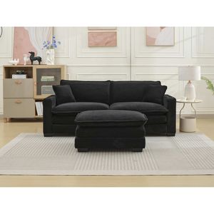 Divano in tessuto a righe a forma di L a 2 posti con porta USB e portabicchieri 1 poggiapiedi divano da soggiorno nero - Product Image 1