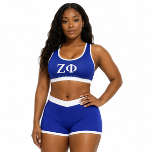 Ensemble de yoga élégant HMR Sisterhood Sorority bleu et blanc, vêtements de sport respirants à séchage rapide, ensemble de soutien-gorge de sport en spandex/nylon - Product Image 1