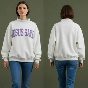 Jesus Save OEM Cotton Fleece Crew <b>Neck</b> <b>Mock</b> <b>Neck</b> Sweatshirt Ladies Chenille Embroidery Tackle Twill Sorority Clothing - Product Image 1