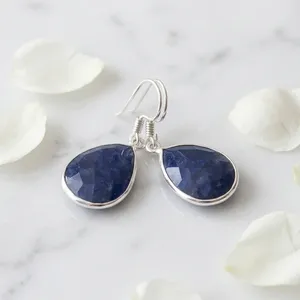 Pendientes Colgantes de Plata de Ley 925 con Zafiro Azul, Forma de Gota de Agua, Engaste de Bisel, Joyería Fina con Piedras Preciosas - Product Image 2