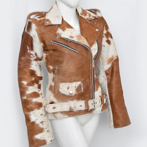 Veste moto en cuir véritable marron pour femme, imperméable, à manches longues, col rabattu, fermeture éclair, ceinture, pour l'hiver - Product Image 2