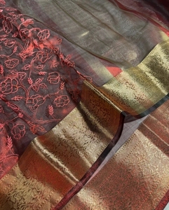 KV Embroidered Banarasi Tissue <b>Saree</b> (<b>Maroon</b>) - Product Image 6