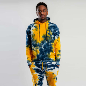 Ensemble de survêtement tie-dye à capuche pour homme, manches longues, décontracté, dégradé jaune-bleu, pantalon en coton avec cordon de serrage, style printemps - Product Image 3