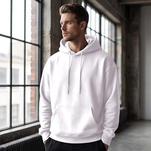 Sweat-shirt à capuche blanc pour homme, coupe classique, en molleton de coton, couleur unie, tricoté, avec poches, idéal pour l'automne - Product Image 1