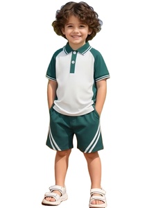 Fashionable Boys Summer Dark Green Casual Jersey Short-Sleeve TEE & Shorts Set ODM White Striped Shorts for Casual Outings - Product Image 2