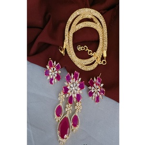 <b>Beautiful</b> Premium Quality Gold Plated Zircon Stones Look Brass Strand Pendant Necklace Set <b>Earrings</b> Wedding Wear Women Hinduism - Product Image 1