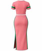 Nouvel ensemble deux pièces personnalisé pour femme Chi Eta Phi, robe moulante mi-longue noire et rouge contrastée, manches courtes, col montant, naturel