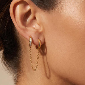 Boucles d'oreilles créoles plaquées or avec chaîne, style vintage minimaliste, unisexe, pour tous les jours, bijoux cadeau - Product Image 2