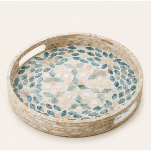 Plateau de service rond artisanal en nacre avec poignées intégrées, mosaïque bleue, décoratif pour table basse - Product Image 5